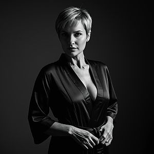 Elegant Black and White Portrait of Woman in Satin Robe
