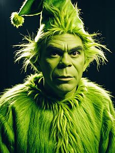 Photorealistic Man in Grinch Costume Editorial Portrait