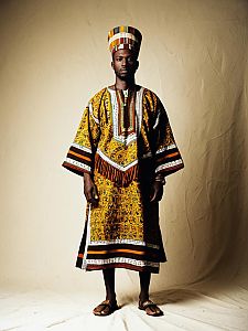 Man in African Traditional Dashiki Outfit with Tall Hat and Sandals