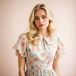Young Woman in Pastel Floral Dress