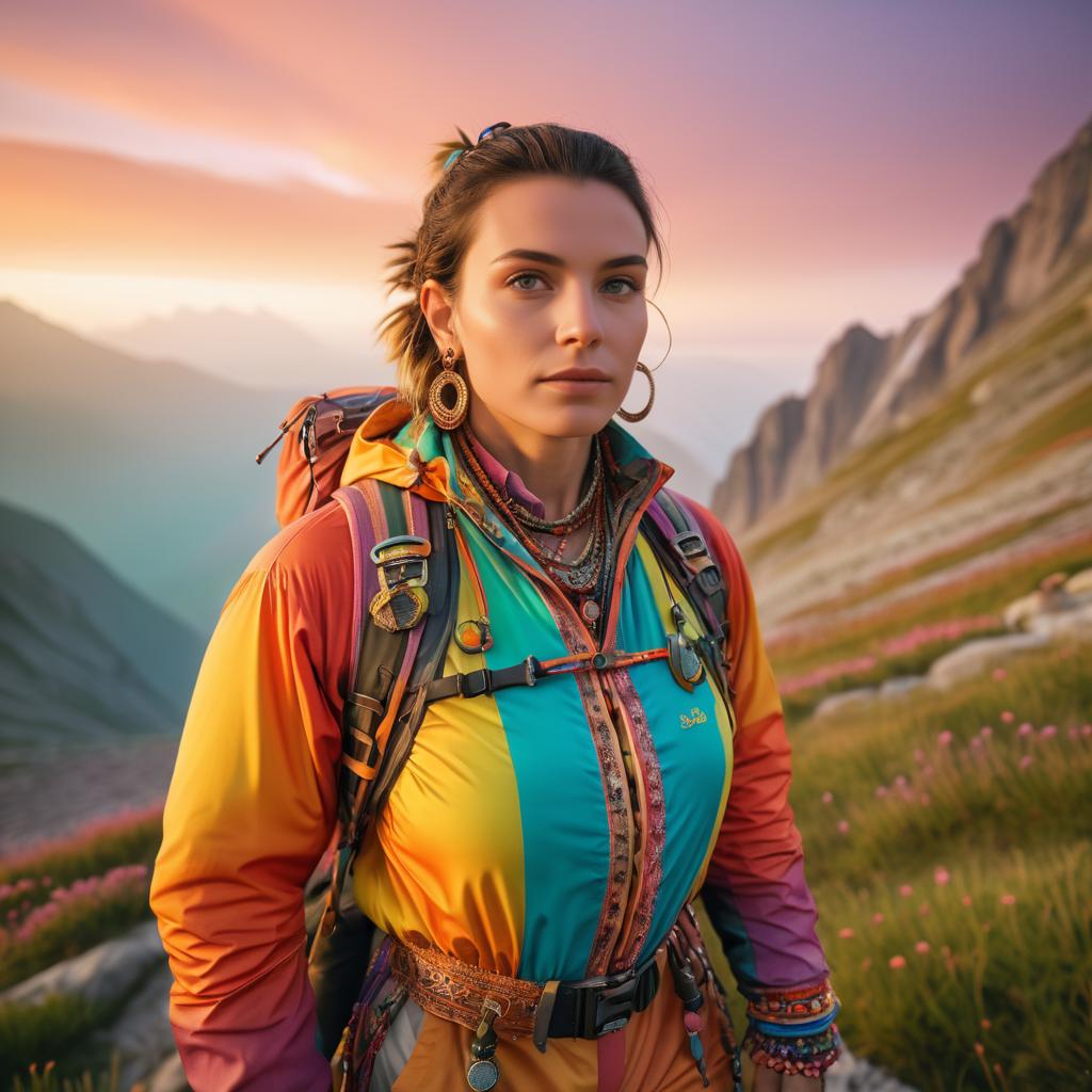 Woman in Colorful Jacket Amidst Sunset Mountains