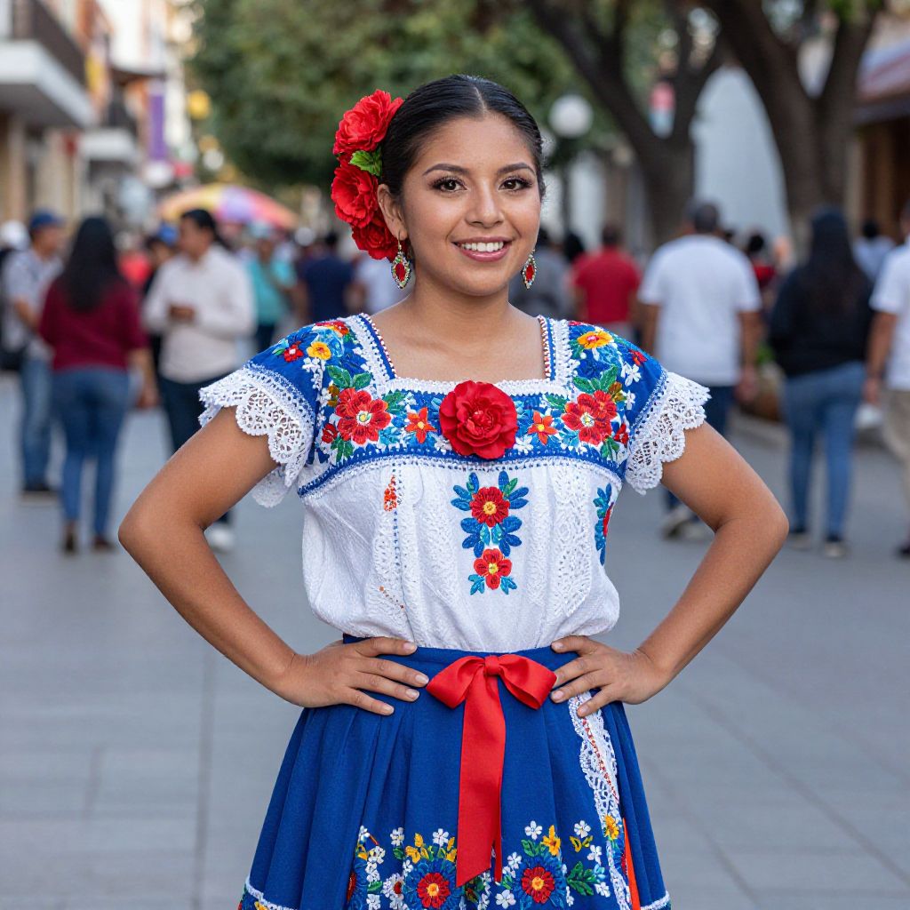 Young Woman in Traditional Mexican Folk Dress with Floral Embroidery