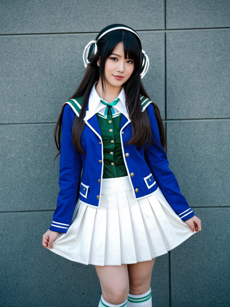 Cosplay of Airi from Blue Archive in Blue School Uniform with Headphones