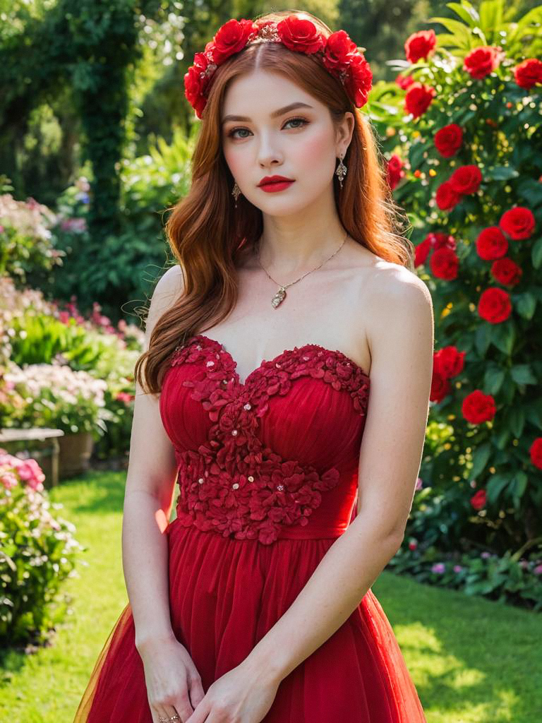 Woman in Red Gown in Garden of Roses