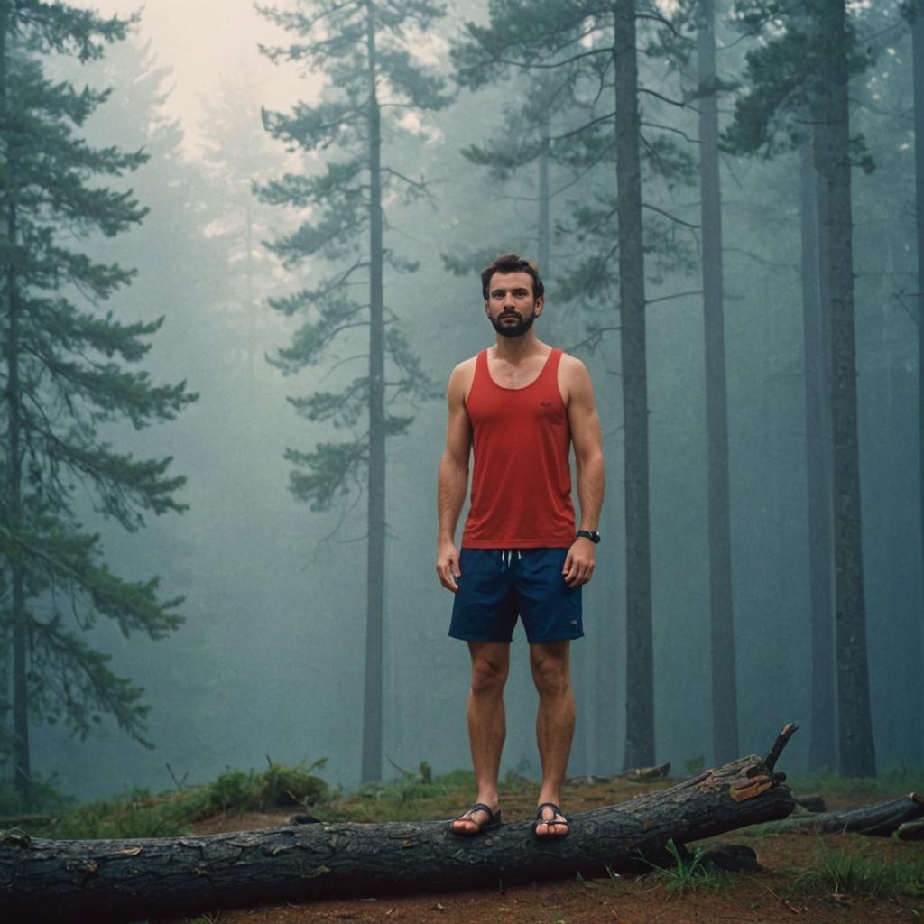 Man on Fallen Log in Misty Forest