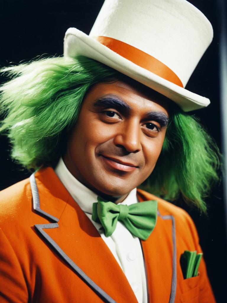 Man in Detailed Oompa Loompa Costume with White Top Hat