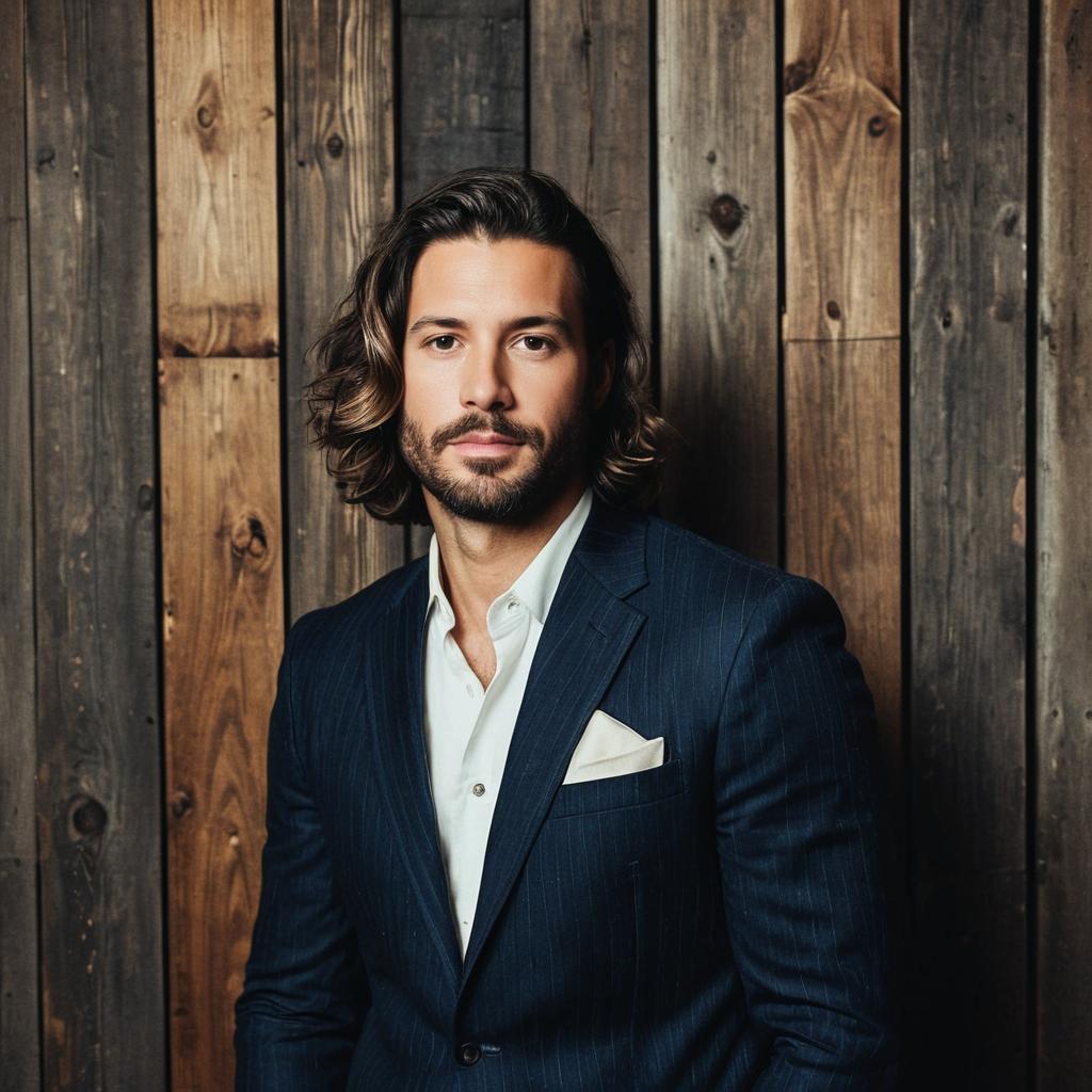 Portrait of Confident Man in Pinstripe Suit Against Wooden Background
