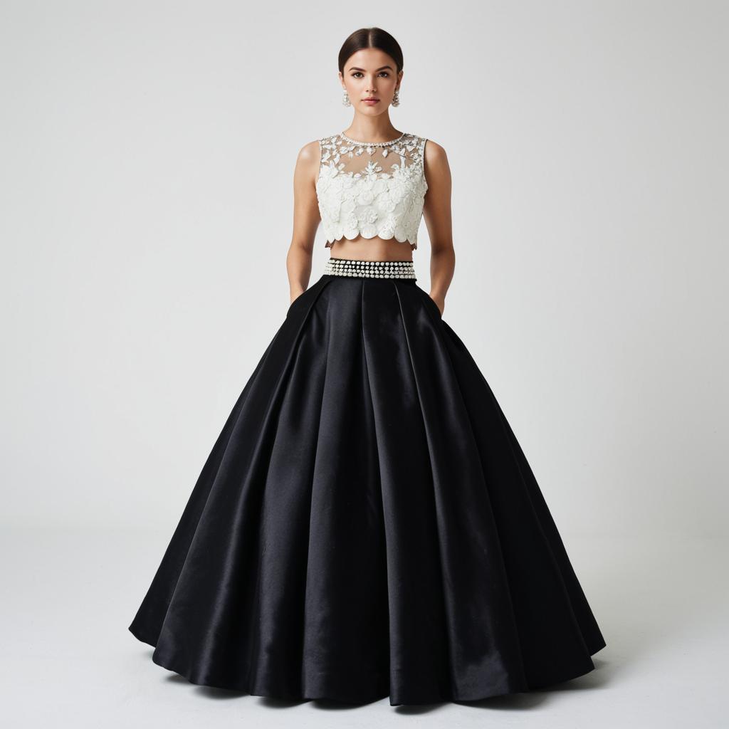 Elegant Two-Piece Formal Gown with Lace Crop Top and Black Satin Ball Skirt