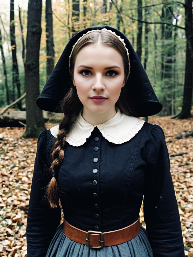 Portrait of Woman in Traditional Puritan Dress in Autumn Forest