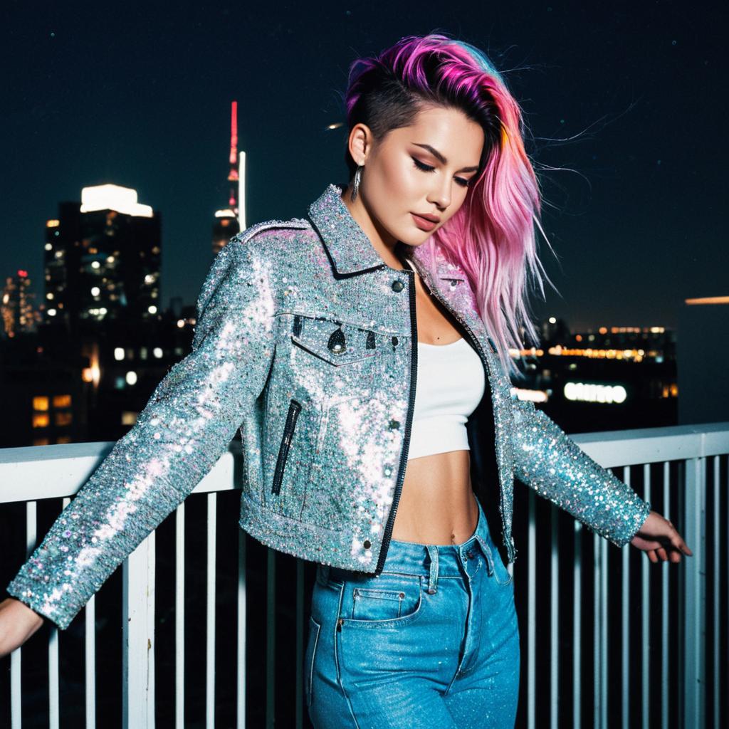 Trendy Woman with Pink Hair in Sequin Jacket on City Balcony at Night