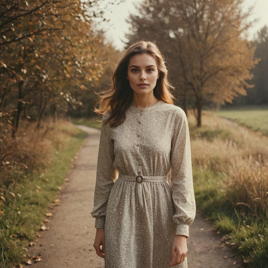 Elegant woman in vintage dress, 3M analog film aesthetic