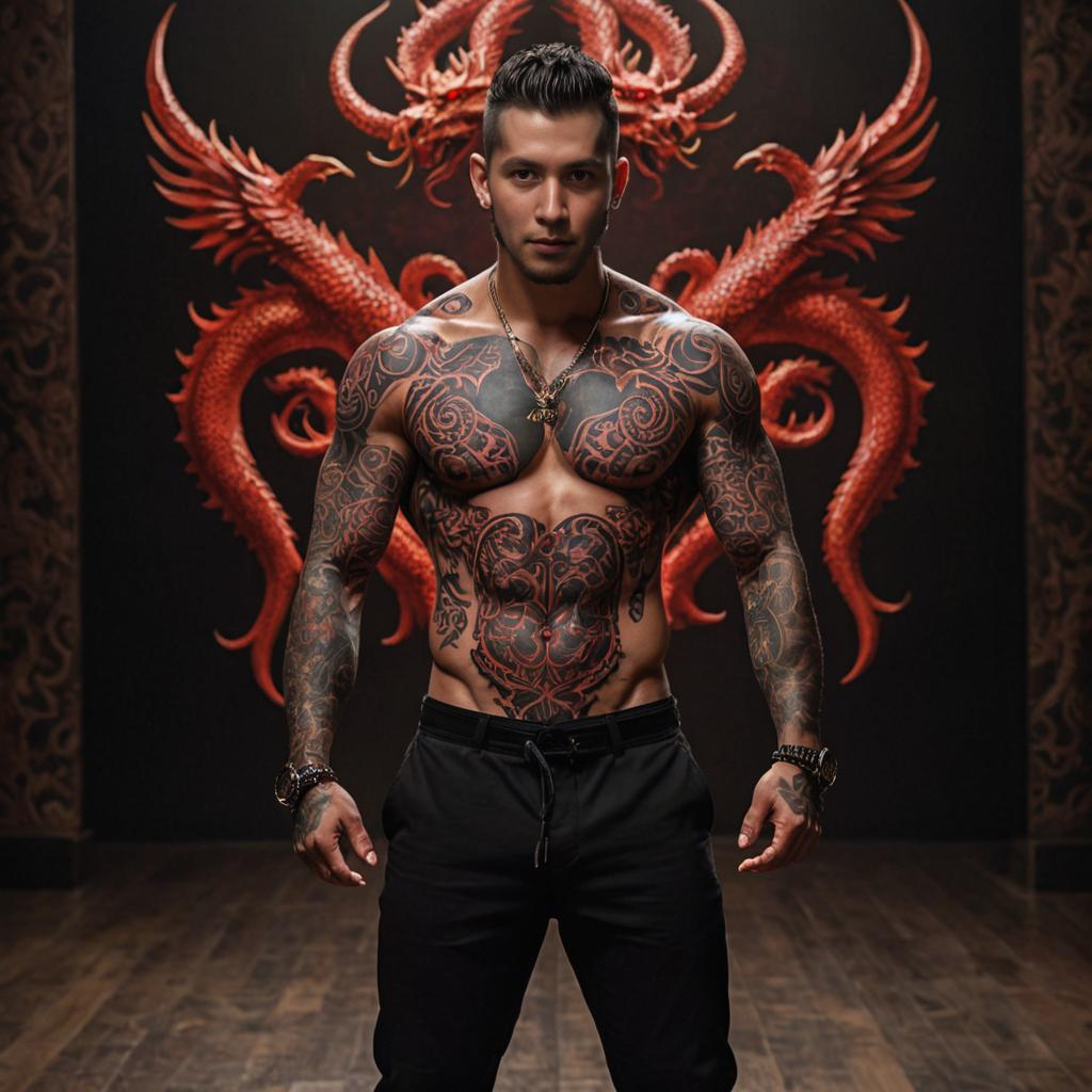 Muscular Man with Red Dragon Tattoos