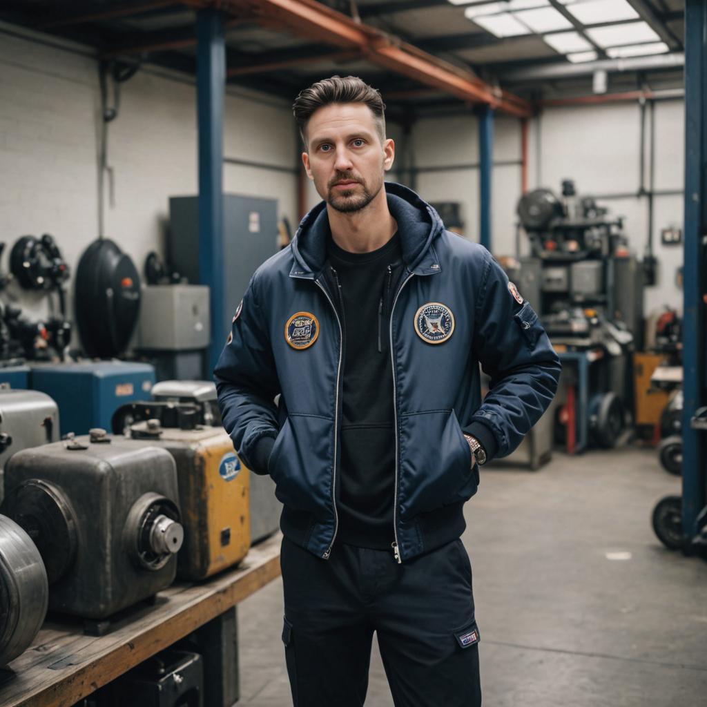 Confident Man in Work Jacket in Industrial Setting