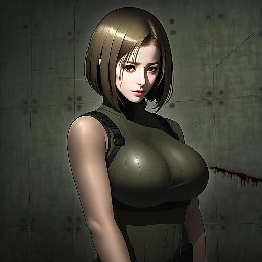 Anime Woman in Tactical Outfit with Short Brown Hair