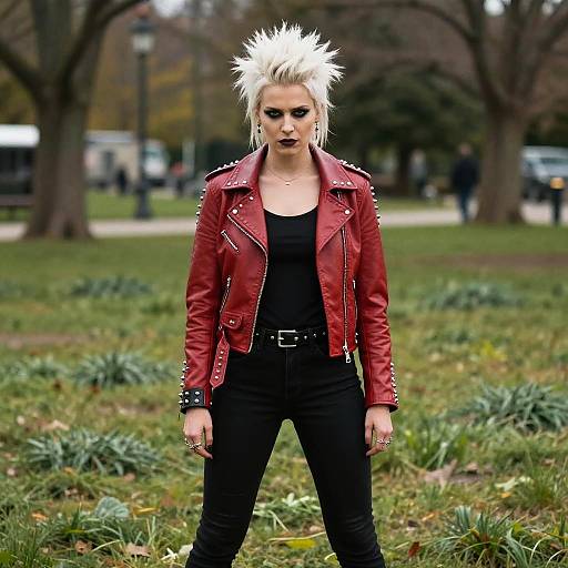 Young Woman in Punk Style Red Leather Jacket with Spiky Hair Outdoors