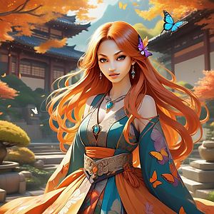 Woman with Red Hair in Autumn Garden
