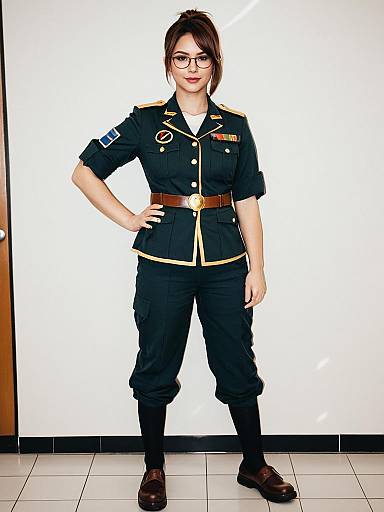 Woman in Stylish Green Military-Inspired Uniform with Gold Trim
