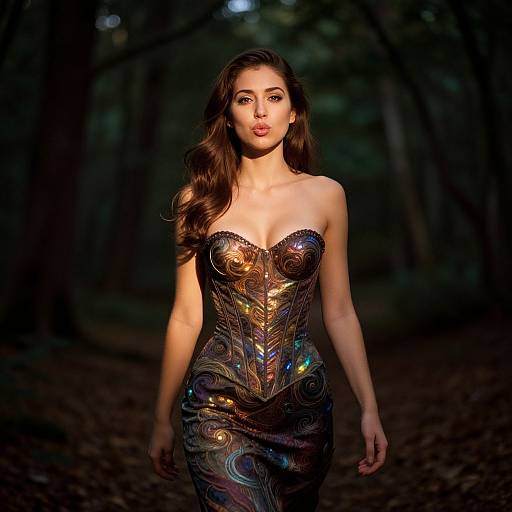 Young Woman in Iridescent Corset Dress in Forest