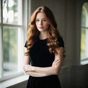 Young Woman in Black Dress by Window