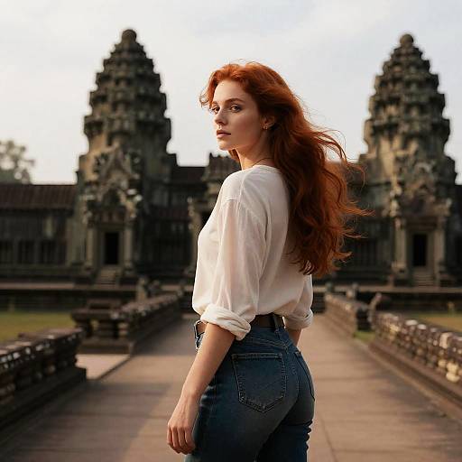 Red-Haired Woman at Historic Temple Complex Outdoors