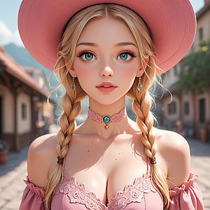 Young Woman with Blue Eyes in Pink Hat