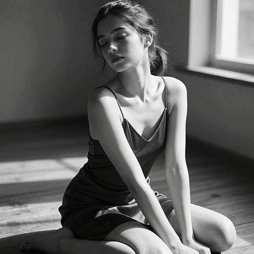 Contemplative Young Woman in Slip Dress Sitting on Floor Black and White