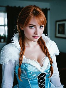 Woman in Revealing Anna Frozen Costume with Braided Red Hair