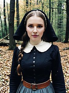 Portrait of Woman in Traditional Puritan Dress in Autumn Forest