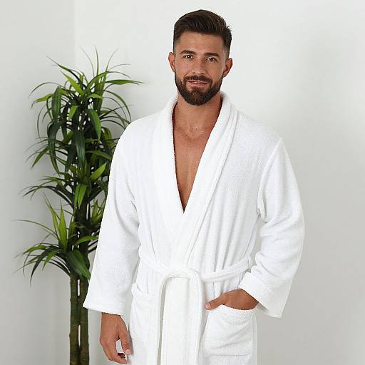 Man in White Bathrobe Standing Indoors with Green Plant