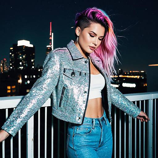 Trendy Woman with Pink Hair in Sequin Jacket on City Balcony at Night
