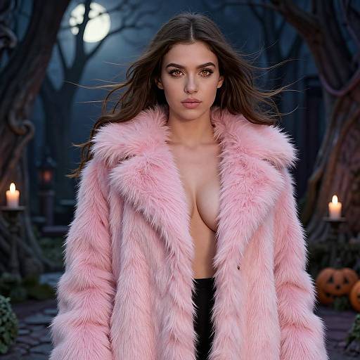Young Woman in Pink Fur Coat Halloween Night Portrait