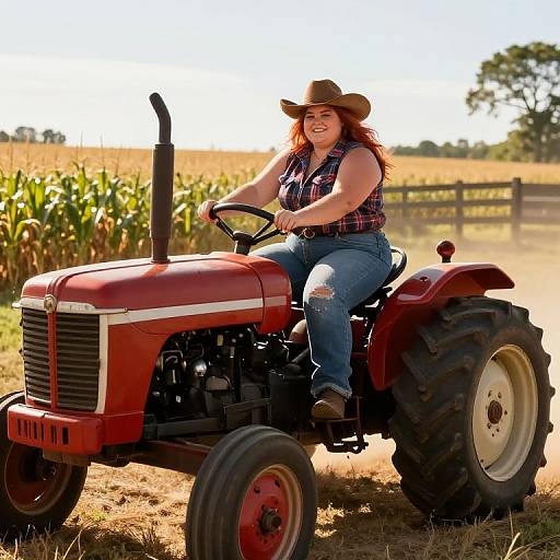 Woman Driving Vintage Red Tractor in Sunny Countryside Field