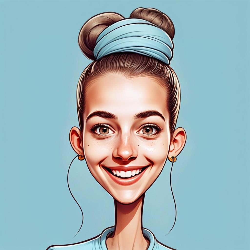 Stylized Digital Portrait of Smiling Woman with High Bun and Headband