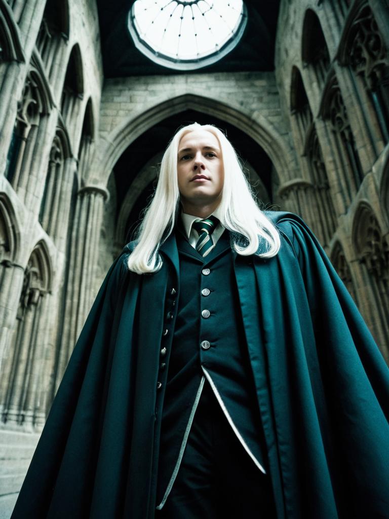 Man in Lucius Malfoy Harry Potter Cosplay Costume Dramatic Low Angle