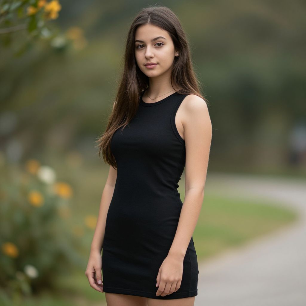 Young Woman in Black Sleeveless Dress Outdoor Portrait