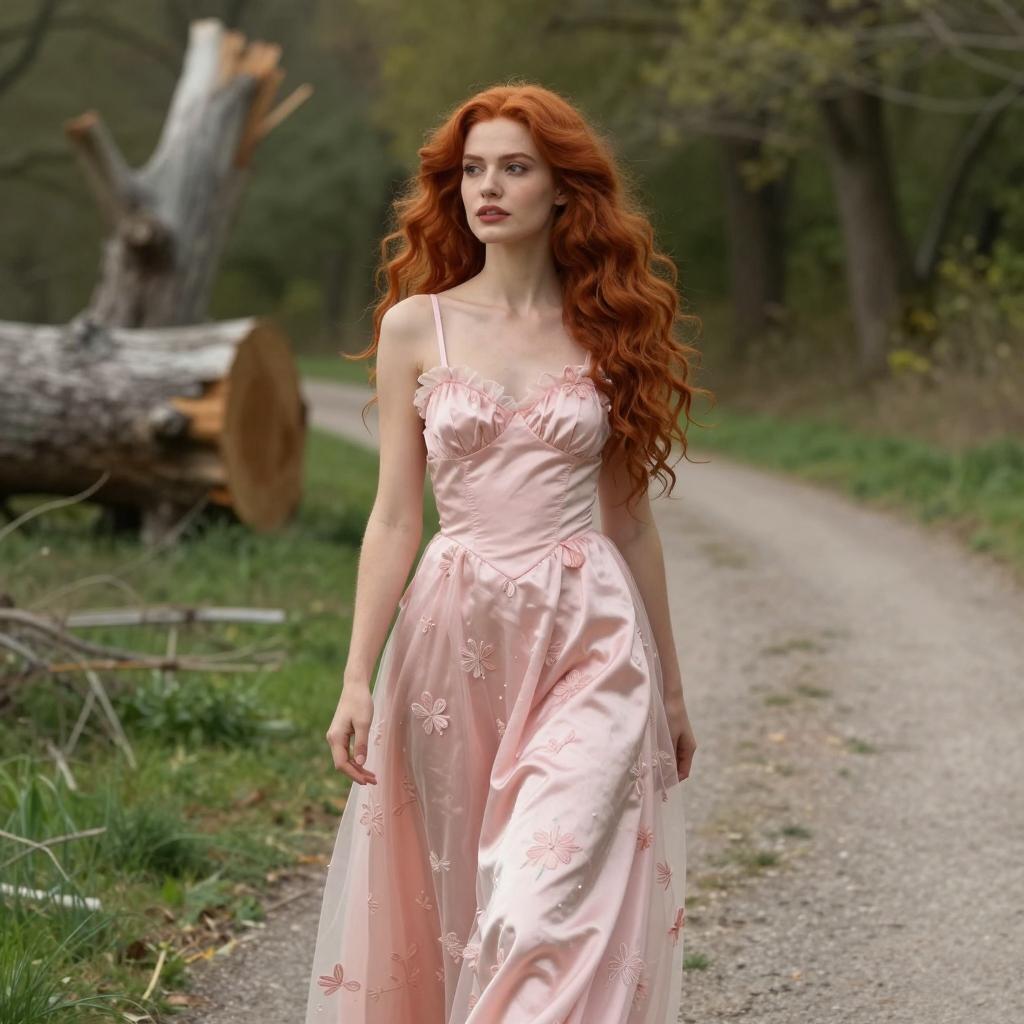 Red Haired Woman in Pink Satin Dress Walking on Country Path
