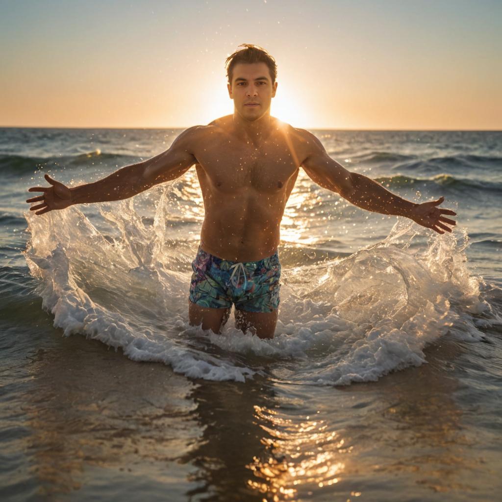 Man Emerging from Ocean at Sunset