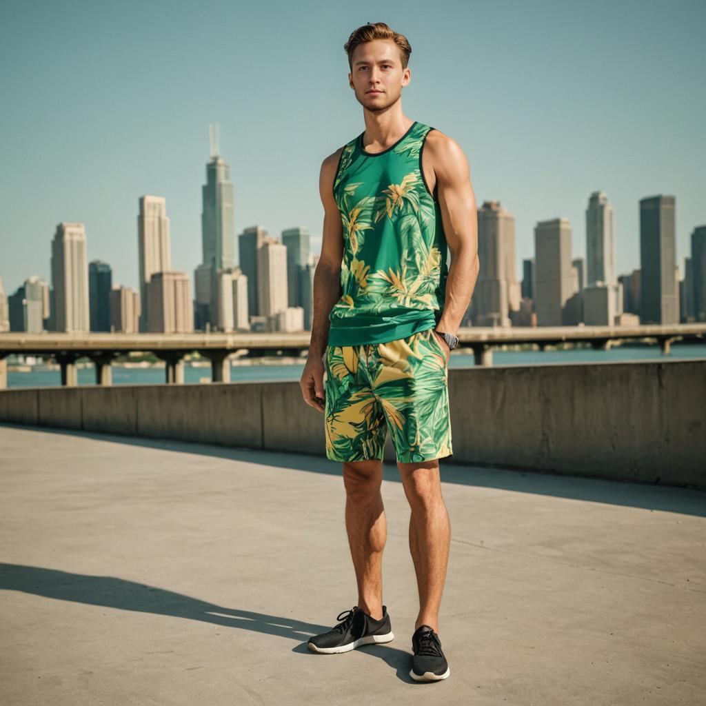 Stylish Man in Tropical Print Outfit Against City Skyline