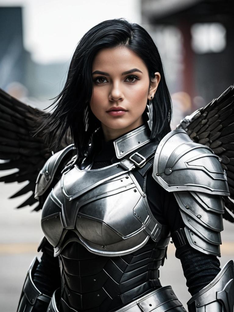 Battle Angel Alita Costume Woman in Silver Armor with Black Wings