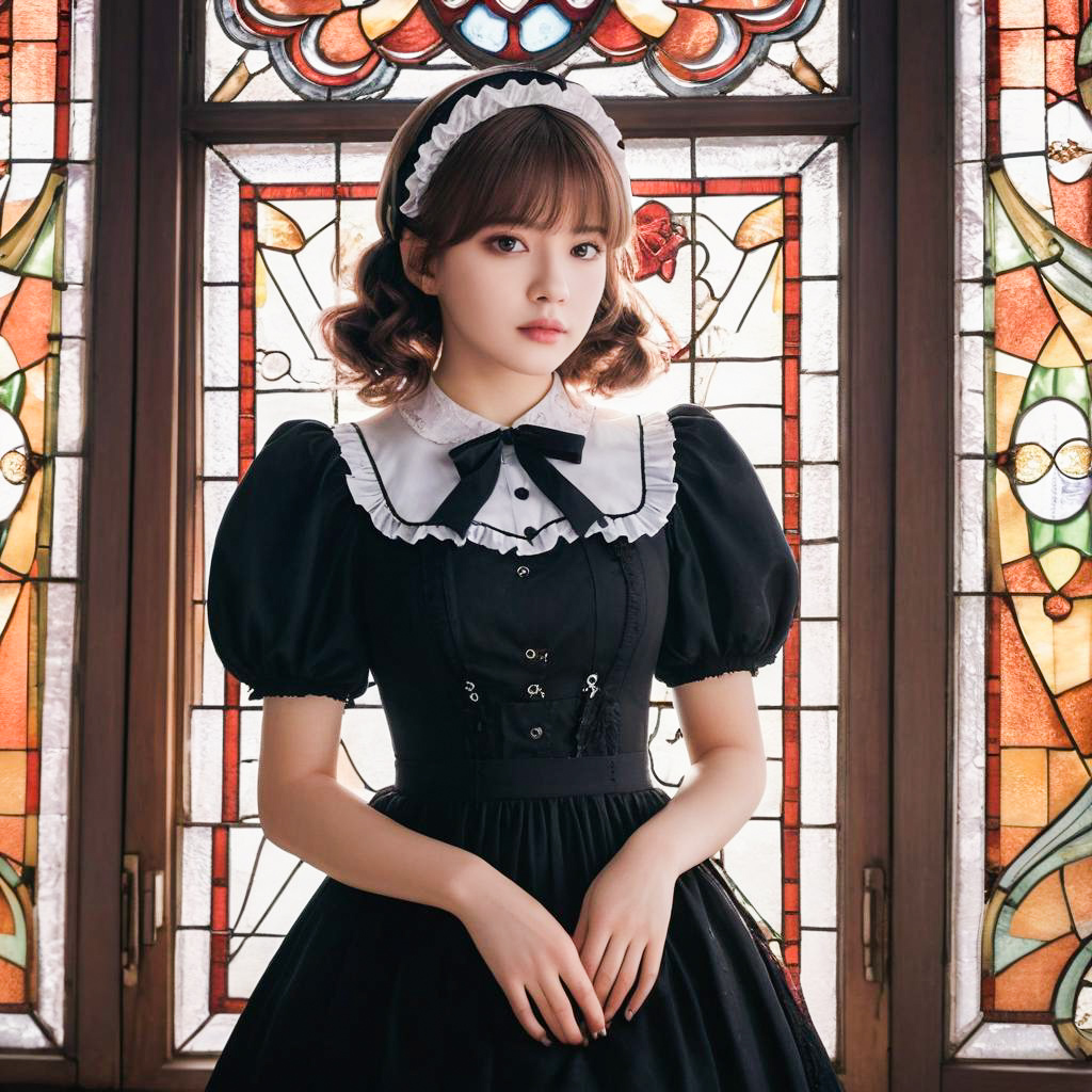 Young Woman in Classic Maid Outfit by Stained Glass Window Young Woman in Classic Maid Outfit by Stained Glass Window
