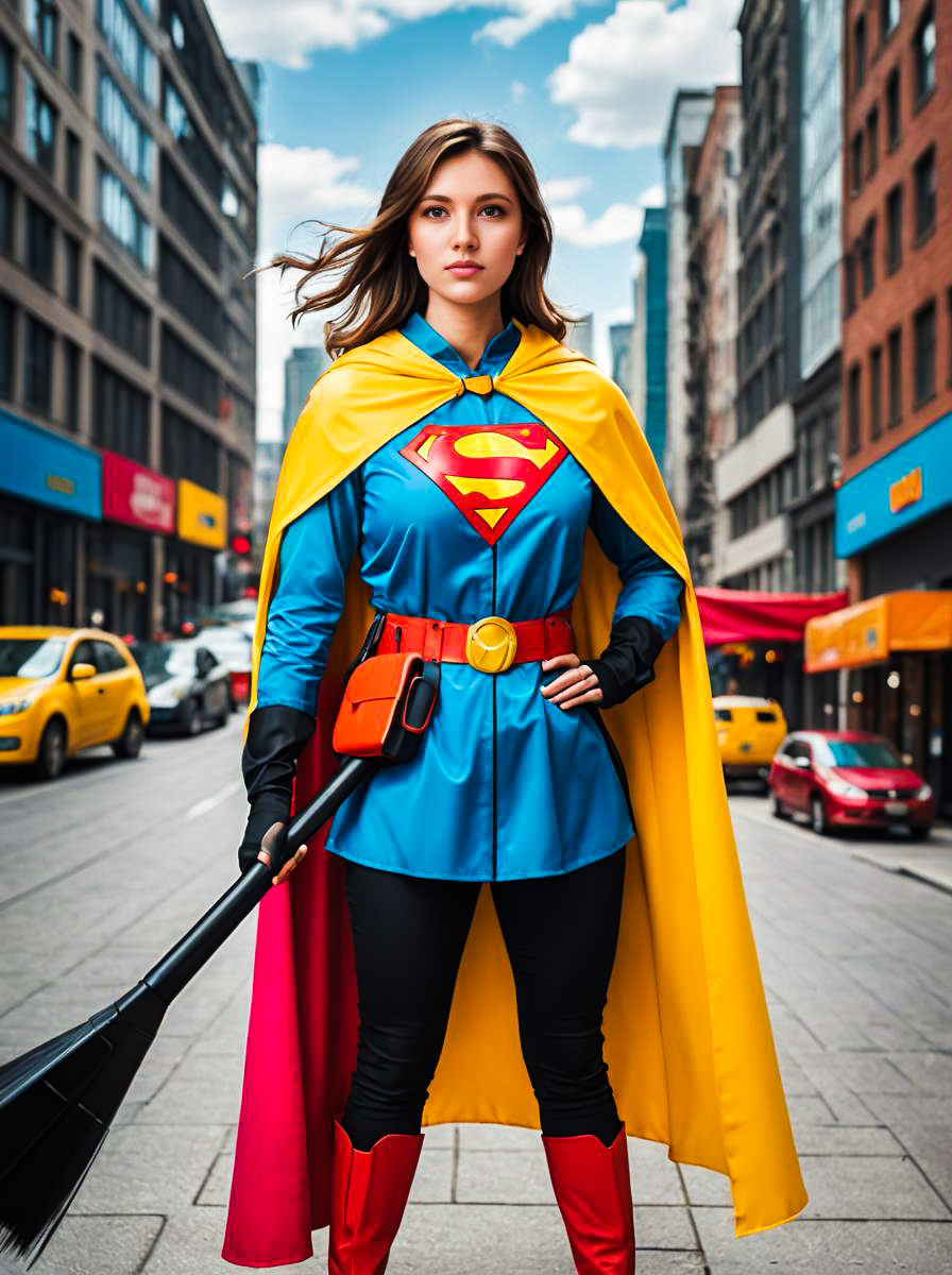 Confident Superhero Woman in Vibrant Cityscape