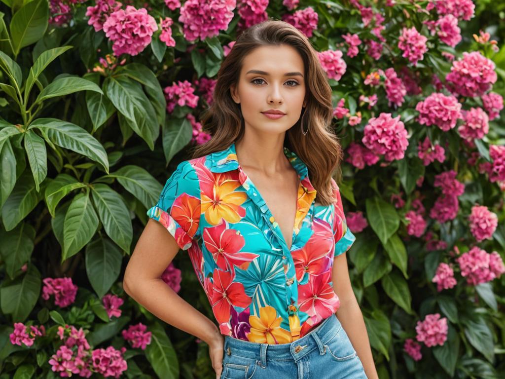 Stylish Woman in Floral Shirt Amidst Greenery