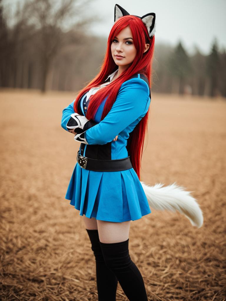Realistic Cosplay Woman with Red Hair in Blue Outfit and Cat Ears