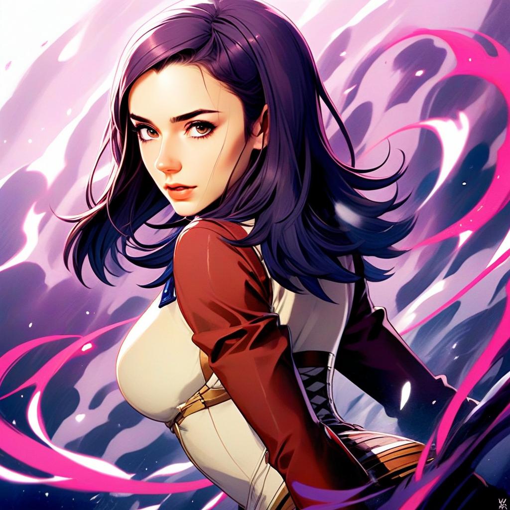 Amano Maya Inspired Anime Style Woman with Purple Hair and Dynamic Energy