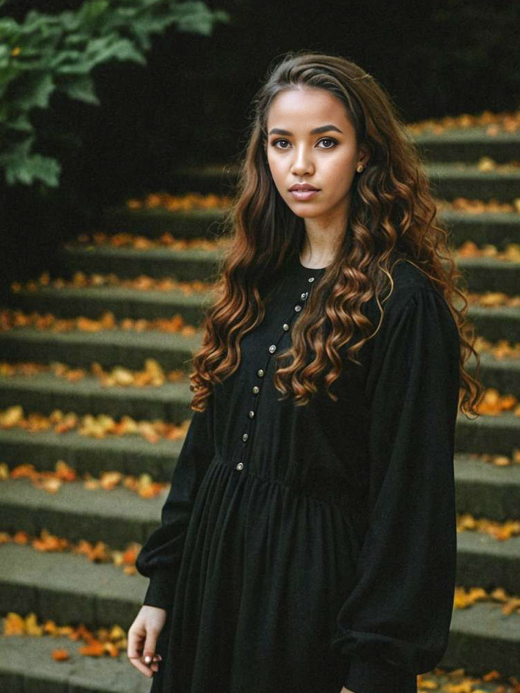 Confident Woman in Black Dress on Autumn Staircase