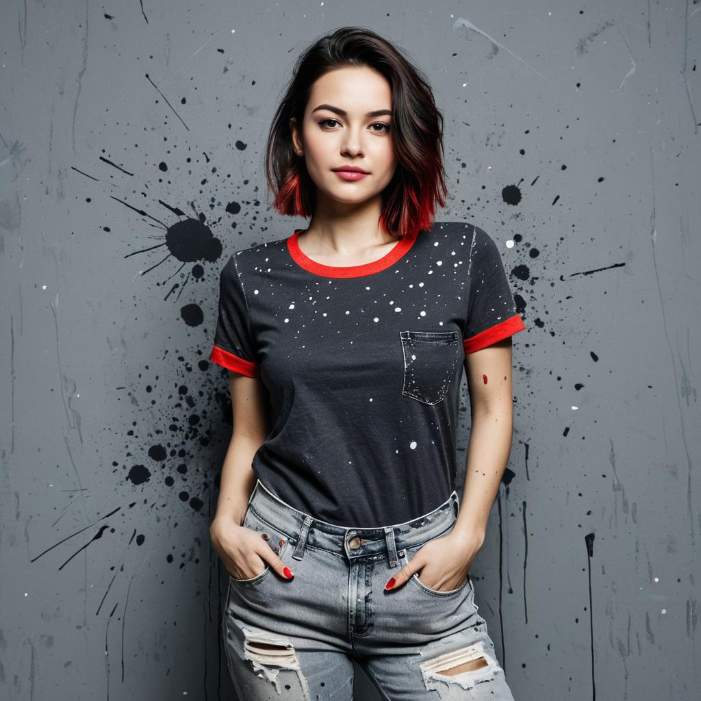 Young Woman in Charcoal Grey Casual Streetwear T-Shirt with Red Trim and Distressed Jeans