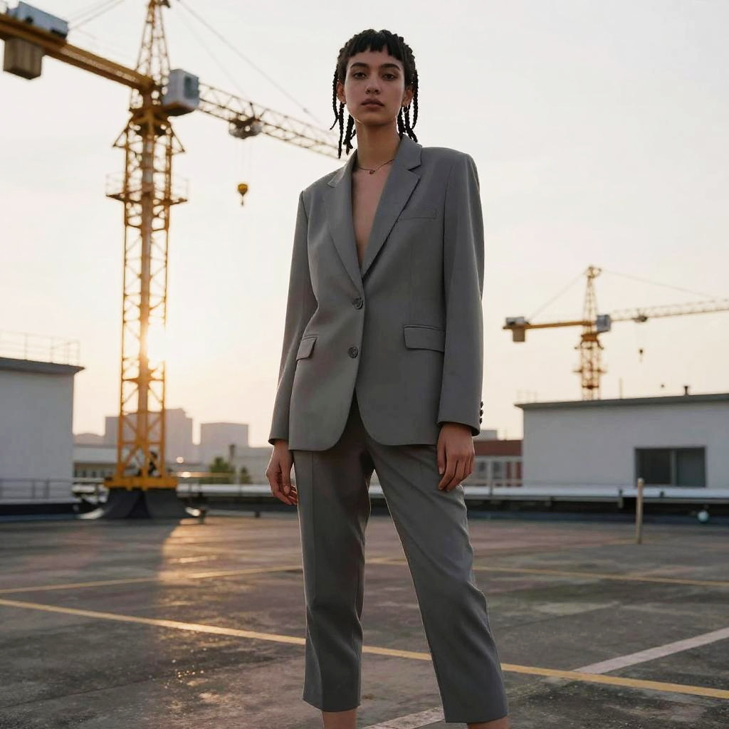 Confident Woman in Modern Gray Suit on Urban Rooftop at Sunset