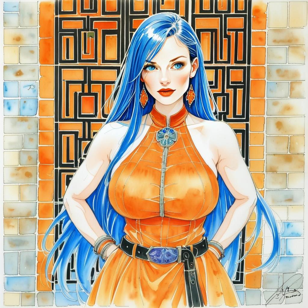 Confident Woman with Blue Hair in Orange Dress