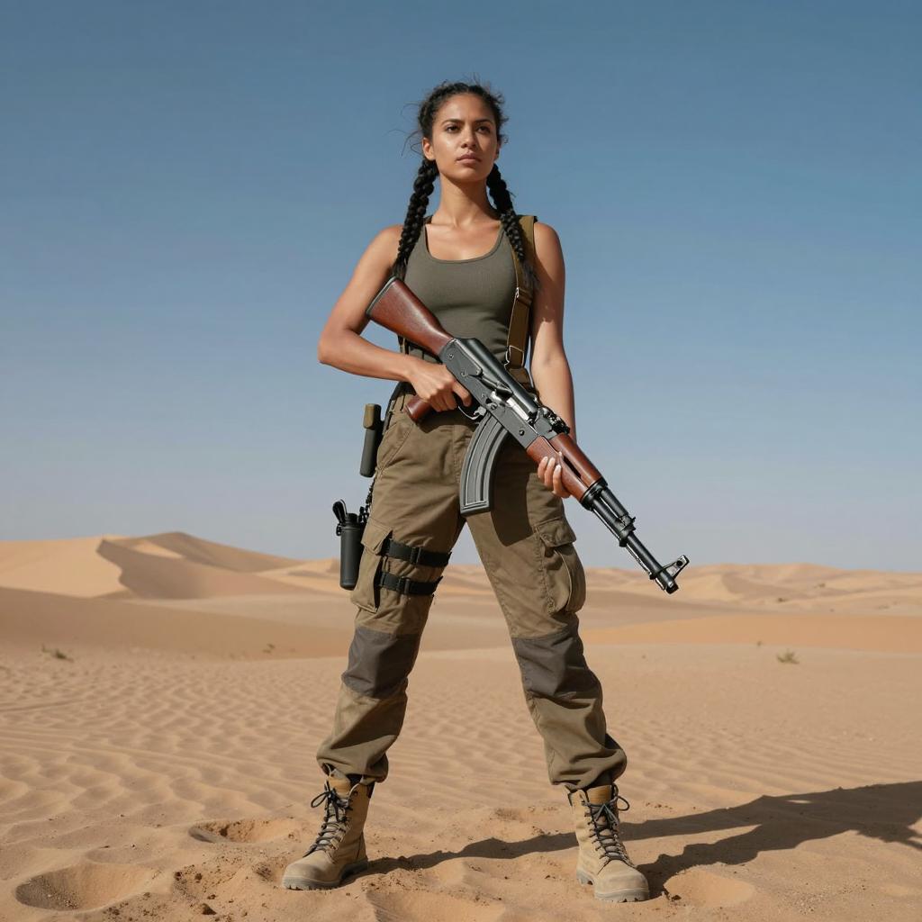 Woman in Tactical Gear Holding Rifle in Desert Landscape