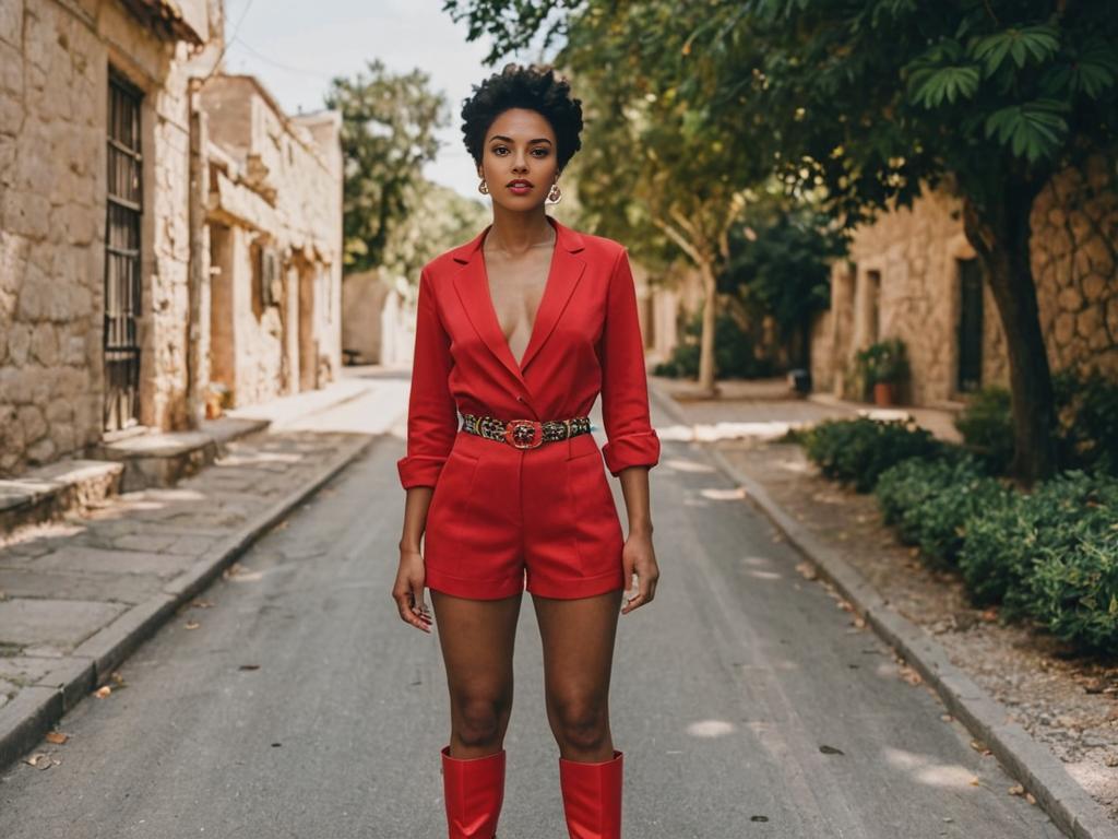 Daring Woman in Red Outfit on Quaint Street